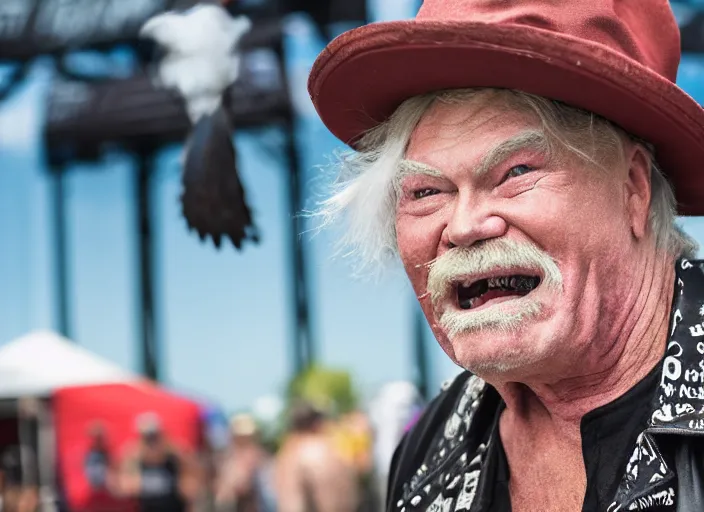 Image similar to photo still of rip taylor at vans warped tour!!!!!!!! at age 6 3 years old 6 3 years of age!!!!!!! throwing bees at a crowd, 8 k, 8 5 mm f 1. 8, studio lighting, rim light, right side key light