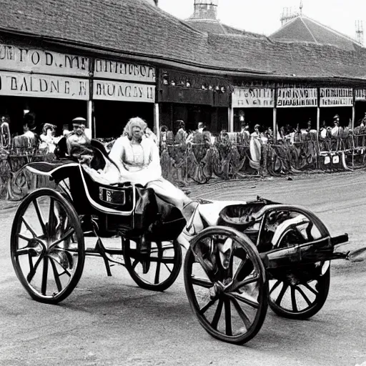 Image similar to lady catherine de bourgh from pride and prejudice drives her barouche box pulled by two horses on the formula 1 circuit of le mans. she is surrounded by cars with models like ferrari, lamborghini or porsche. cinematic, technicolor, highly intricate