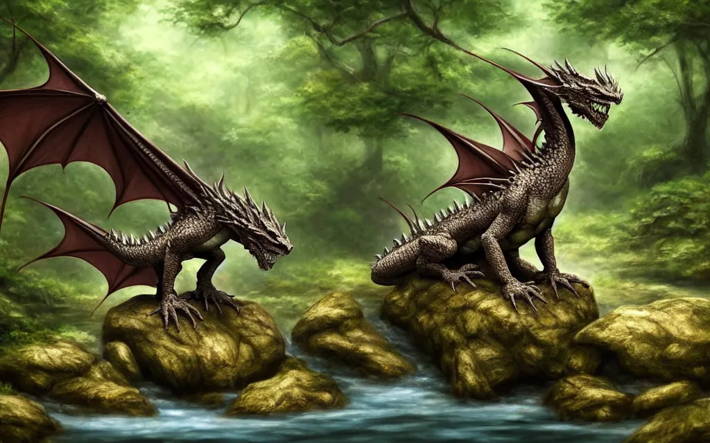 Image similar to A single dragon sitting on a rock within a woodland creek, highly detailed, trending on pixiv, realistic oil paint artwork made in 2020.