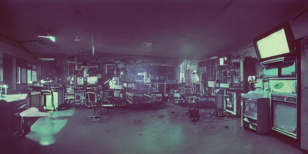 Image similar to movie still 35mm film photograph a screaming and angry creature with TV monitors in its lower torso, inside of a 1970s science lab, neon lights, dirty, ektachrome photograph, volumetric lighting, f8 aperture, cinematic Eastman 5384 film