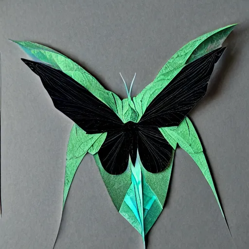 Image similar to black paper luna moth, cut paper, many layers and intricate details