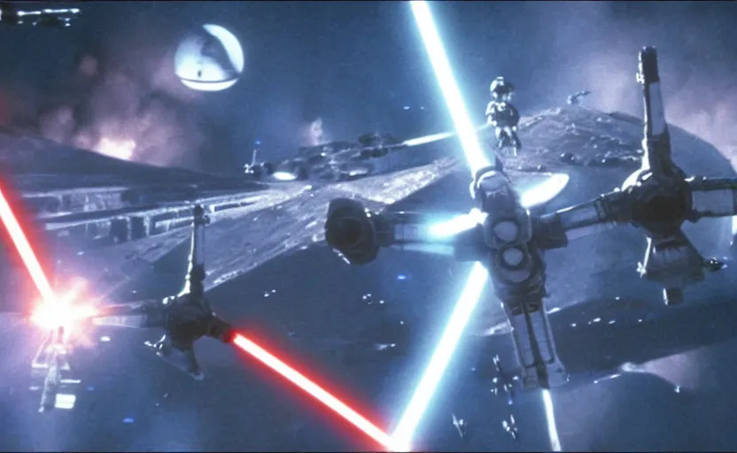 Image similar to iconic cinematic screen shot of scene x wing space battle against new tie fighter desing, from the action packed scene from the 1 9 7 0 s star wars sci fi film by stanley kubrick, glowing lasers, kodak film stock, anamorphic lenses 2 4 mm, lens flare, iconic cinematography, award winning