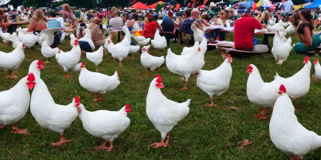 Image similar to music festival full of white chicken with hats and drinks. only chicken, no humans. fowl festival.