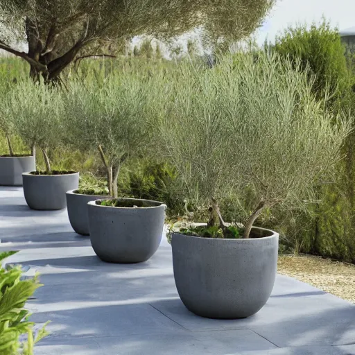 Image similar to large concrete pots with seatings, olive trees, wpc decking on the floor