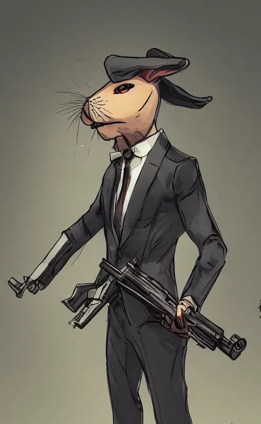 Image similar to rabbit as a hitman, suit and tie, with silenced gun, dynamic lighting, fantasy concept art, trending on art station, stunning visuals, creative, cinematic, ultra detailed, comic strip style