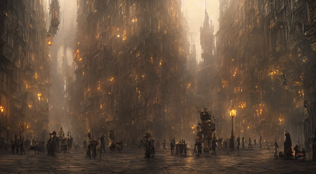 Image similar to a beautiful matte concept art painting of inside pov victorian style steampunk lord of the rings city streets with steampunk robots, concept art, deviantart, flickr, artstation, octane render, textured, colorful, very detailed, volumetric lighting, detailed lighting, octane render, 4 k, cinematic lighting, 8 k resolution