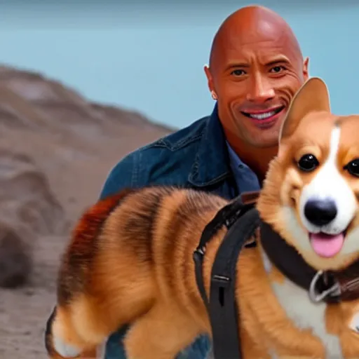 Image similar to photo of dwayne johnson riding a giant corgi, highly - detailed, sharp focus, award - winning