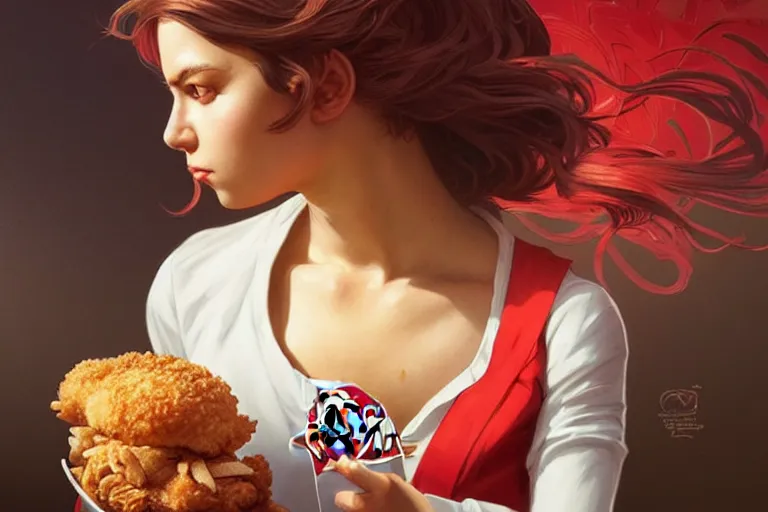 Image similar to kfc chicken, portrait, elegant, intricate, digital painting, artstation, concept art, smooth, sharp focus, illustration, art by artgerm and greg rutkowski and alphonse mucha