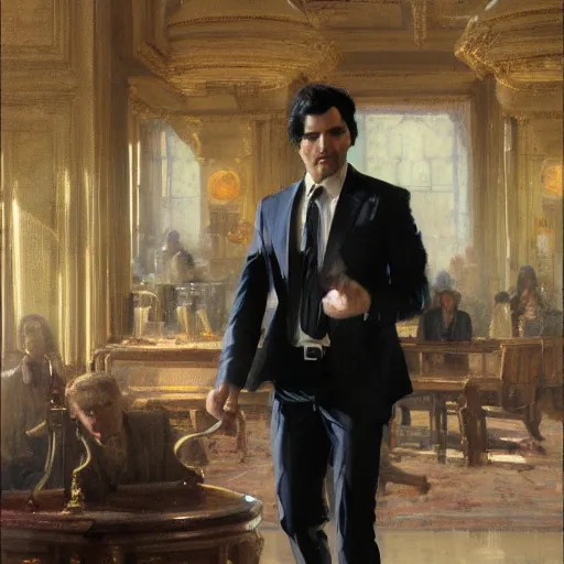 Image similar to detailed cinematic wide shot of sucession atractive man black hair black suit smooth, sharp focus, ultra realistic, in corporate office spring light, painting by gaston bussiere, craig mullins, j. c. leyendecker