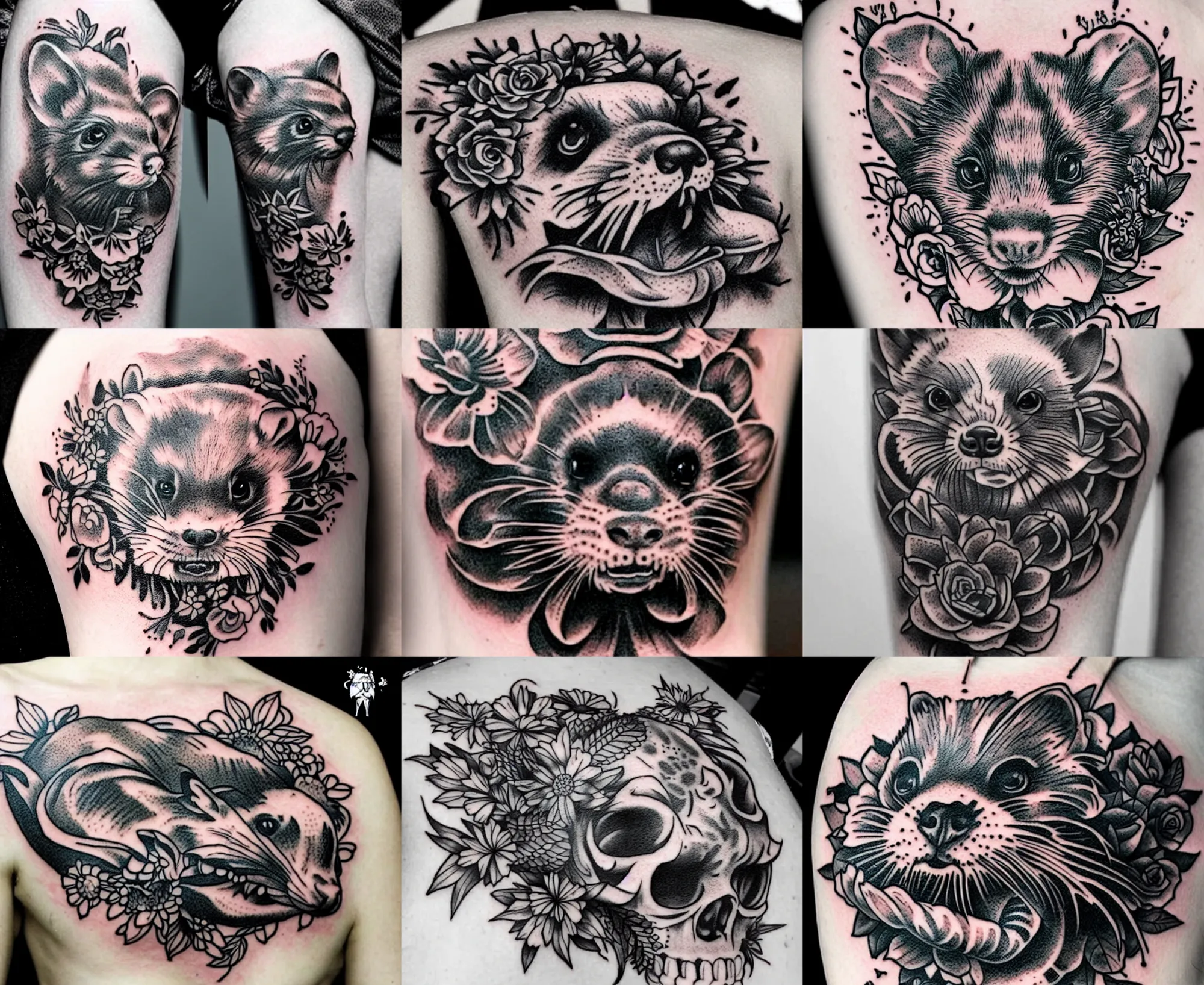 Image similar to detailed amazing tattoo stencil of a floral ferret crawling on a human skull