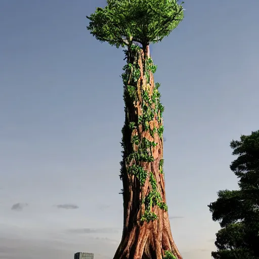 Prompt: A giant tree that has been modelled to function as a skyscraper