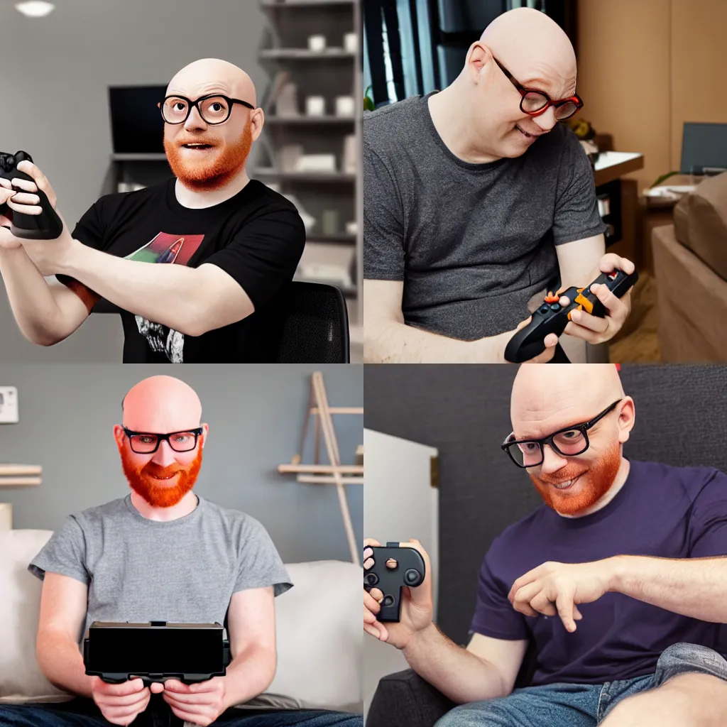 Prompt: ginger bald man with glasses in a graphic t-shirt playing nintendo switch