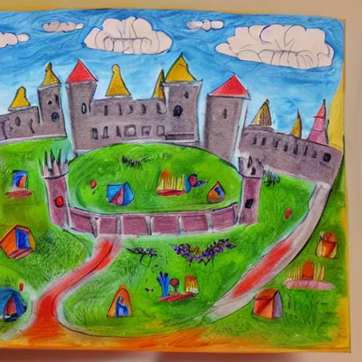 Image similar to children's art of a castle landscape, detailed