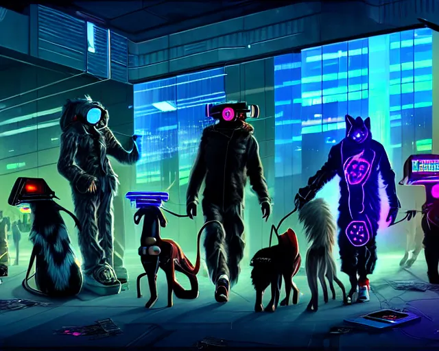 Image similar to high - resolution photograph from a cyberpunk era furry fandom convention ( midwest furfest 2 0 4 7 ), taking place after the genetic revolution and singularity. photorealistic.