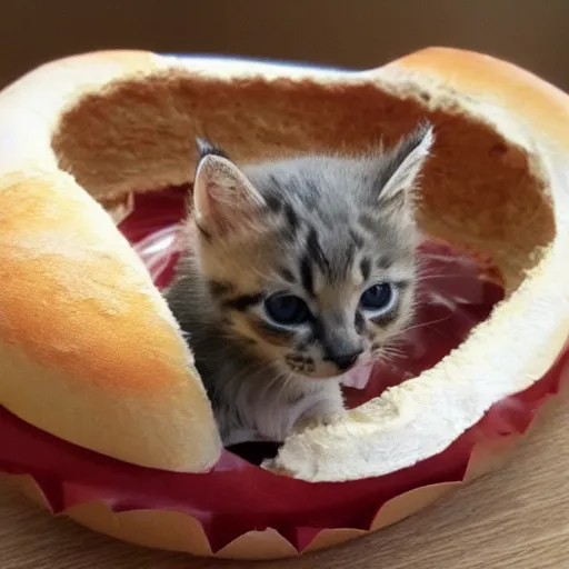 Image similar to kitten living inside a bread, hyper detailed