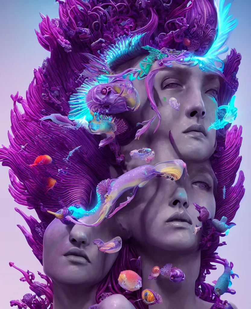 Image similar to goddess full color painted acryllic sculpture close-up portrait. orchid bird phoenix head, nautilus, skull, betta fish, bioluminiscent creatures, intricate artwork by Tooth Wu and wlop and beeple. octane render, trending on artstation, greg rutkowski very coherent symmetrical artwork. cinematic, hyper realism, high detail, octane render, 8k