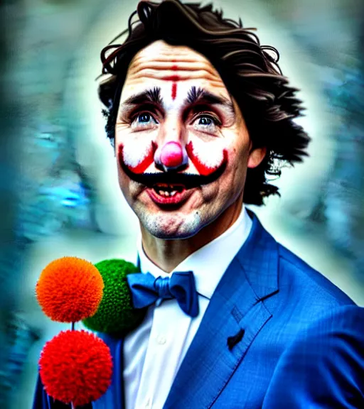 Prompt: justin trudeau as a clown, oil on canvas, deep depth field, masterpiece, cinematic composition, hyper - detailed, hd, hdr