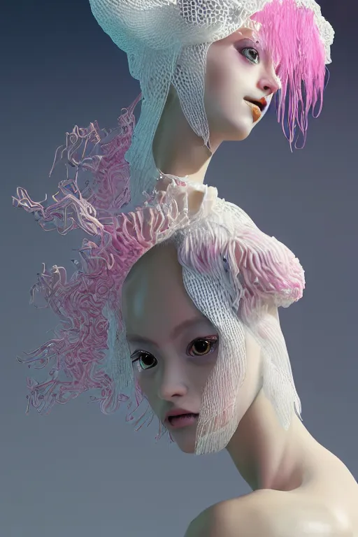 Image similar to an epic puerto rican non - binary model, subject made of white melting porcelain, mesh headdress, flowing dress, with cerulean and pastel pink bubbles bursting out, delicate, beautiful, intricate, melting into vulpix, houdini sidefx, by jeremy mann and ilya kuvshinov, jamie hewlett and ayami kojima, bold 3 d