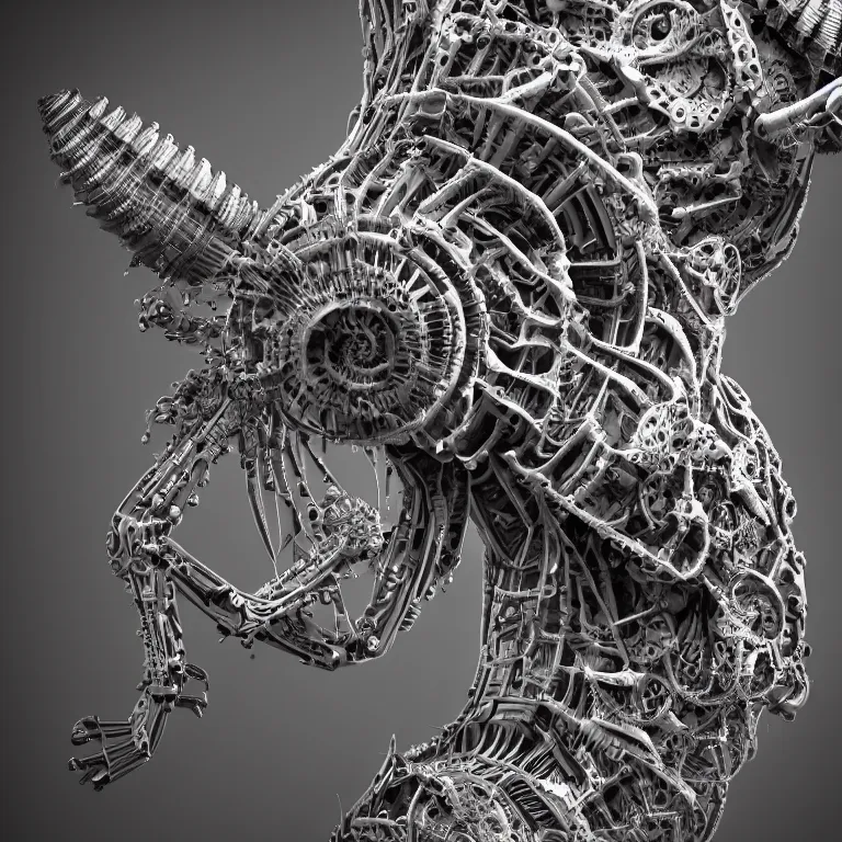 Image similar to surreal biomechanical spinal ribbed tribal organic detail of mechanical animal, beautiful detailed intricate insanely detailed 3D render digital art, octane render, 8K artistic photography, photorealistic