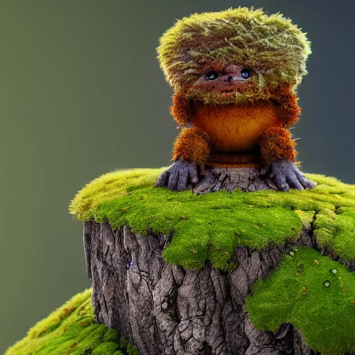 Image similar to a highly detailed digital painting of a tiny cute mossy forest creature by bobby chiu, trending on artstation, octane render, 4 k, unreal 5, big amber eyes, smiling, at sunset, macro photography, goro fujita