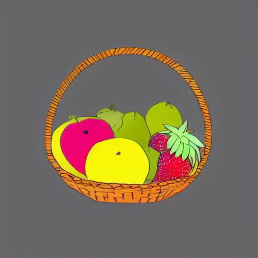Prompt: a fruit basket on top of a kitchen table, isometric