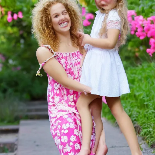 Prompt: young white girl, pink flowery dress, blond curly hair, causing mahem