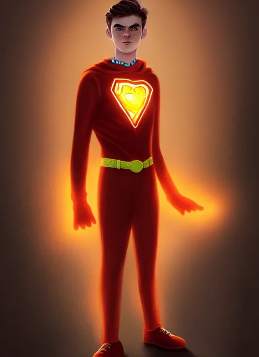 Image similar to kind teenage archie andrews wearing an orange superhero costume, freckles, superhero costume with heart emblem, cape, intricate, elegant, glowing lights, highly detailed, digital painting, artstation, sharp focus, illustration, art by wlop, mars ravelo and greg rutkowski