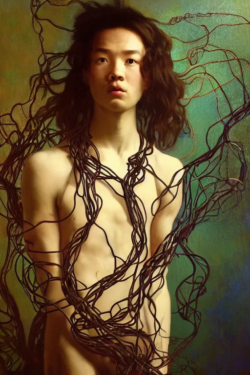 Prompt: hyperrealist portrait of elijah zu bailey, it is decorated with long wires that fall like vines and wears small computers over their body. by jeremy mann and alphonse mucha, fantasy art, photo realistic, dynamic lighting, artstation, poster, volumetric lighting, very detailed faces, 4 k, award winning, hands on hip