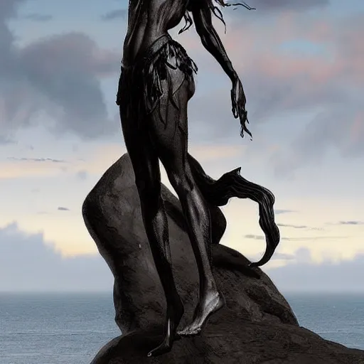 Image similar to by richard s. johnson ornate. a beautiful sculpture of a human - like creature with long, stringy hair. the figure has no eyes, only a mouth with long, sharp teeth. the creature is standing on a cliff overlooking a dark, foreboding sea.