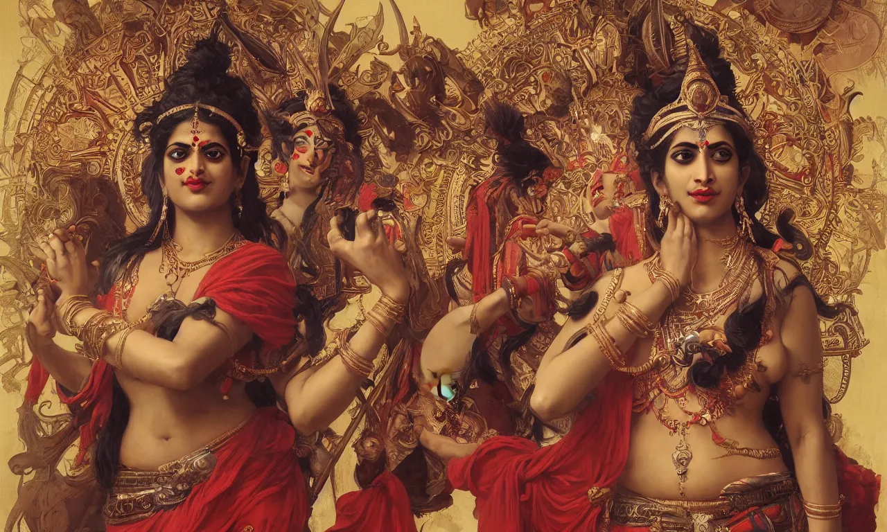 Image similar to Full View of Indian Goddess Kali Ma. Masterpiece 4k digital illustration by Ruan Jia and Mandy Jurgens and Artgerm and William-Adolphe Bouguereau, award winning, Artstation, art nouveau aesthetic, Alphonse Mucha background, intricate details, realistic, panoramic view, Hyperdetailed, 8k resolution, intricate art nouveau, smooth, sharp focus