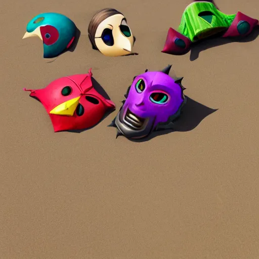 Prompt: all mask from majoras mask game lying on a beach. Insanely detailed and intricate, clean photorealistic realistic, hyper-realistic, super detailed, realistic octane render, 8K, hd wallpaper