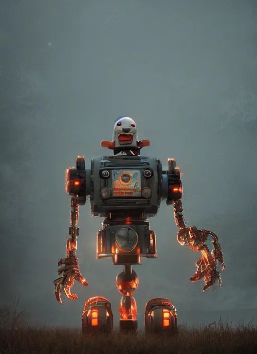 Prompt: Giant It Clown robot on a dusky land, cinematic shot, intricate, ornate, photorealistic, ultra detailed, realistic, 100mm, photography, octane, high definition, depth of field, bokeh, 8k, artstation