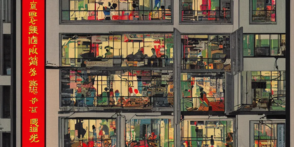 Image similar to through a window, view in hong kong, by dan mumford and peter doig and edward hopper, minimal, black in, thick lines highly detailed, muted colours, overlaid with chinese adverts, 8 k