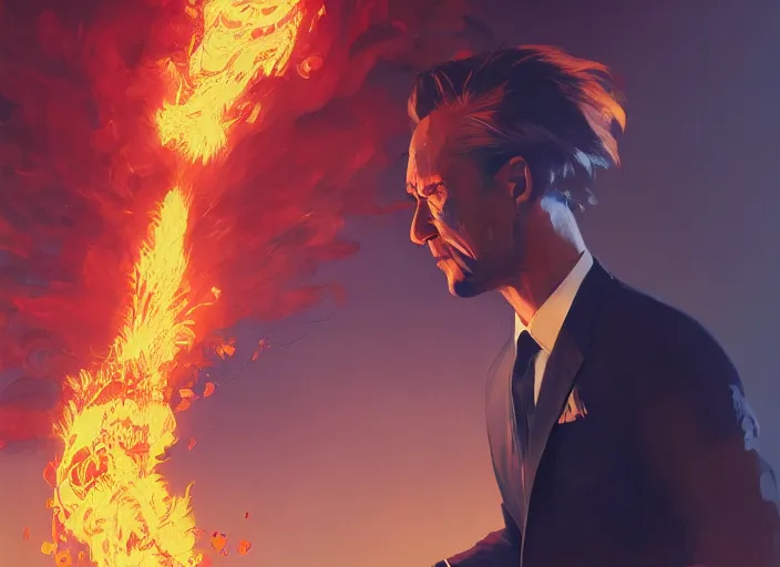 Image similar to a man wearing a suit, but his head is made of fiery plumes of smoke and sparks, fantasy, cinematic, fine details by realistic shaded lighting poster by ilya kuvshinov katsuhiro otomo, magali villeneuve, artgerm, jeremy lipkin and michael garmash and rob rey