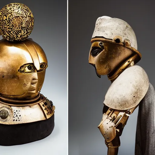 Image similar to photography of space traveller with ancient helmet and suit full of ornaments by bertel thorvaldsen