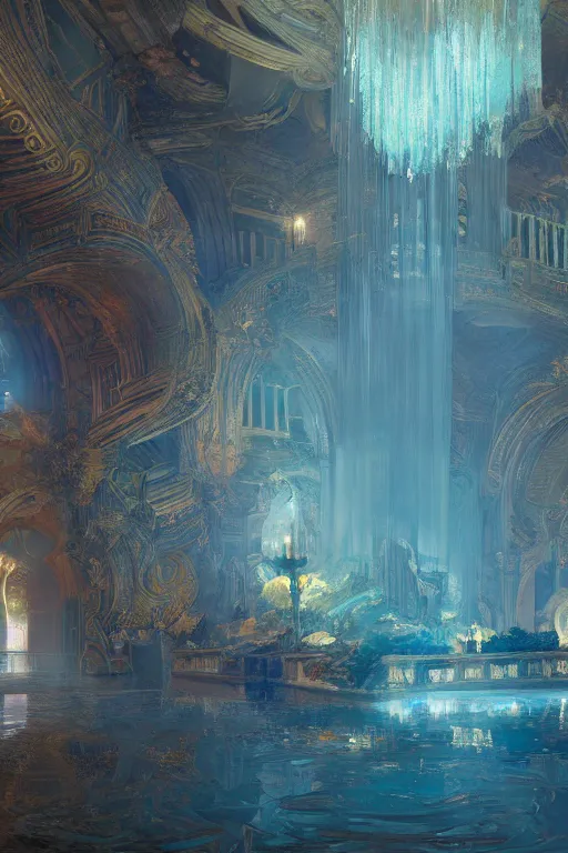 Image similar to inside of an atlantis palace, intricate, elegant, volumetric lighting, digital painting, highly detailed, artstation, sharp focus, illustration, concept art, ruan jia, steve mccurry