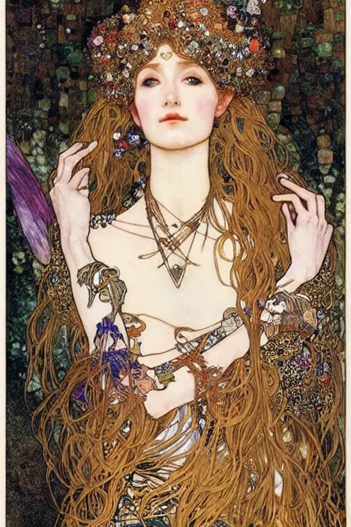 Image similar to Elven Queen by (Gustav Klimt), ((Alphonse Mucha)), Ayami Kojima, and ((Arthur Rackham))