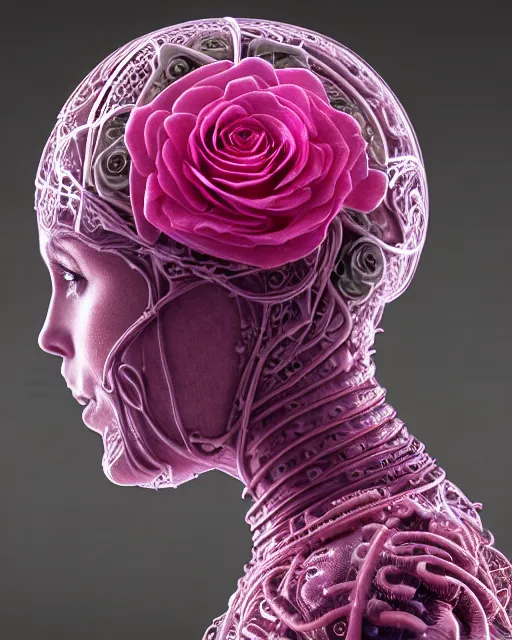 Prompt: mythical dreamy organic bio - mechanical spinal ribbed profile face portrait detail of translucent steampunk beautiful intricated monochrome angelic - human - queen - vegetal - cyborg, highly detailed, intricate translucent pink ivy jelly ornate, poetic, translucent roses ornate, 3 d render, digital art, octane render, 8 k artistic photography