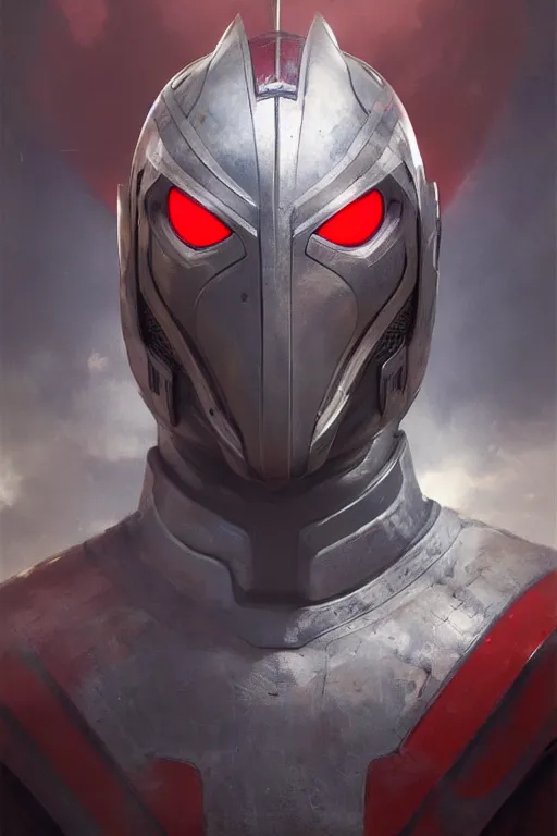 Image similar to portrait of a ultraman with japanese armor and helmet,, symmetrical, art by greg rutkowski, matte painting, trending on artstation