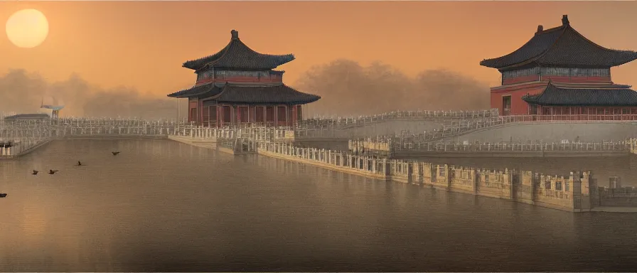 Prompt: The Forbidden City at dawn, detailed matte painting, cinematic, Alan Lee, Artstation