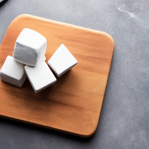 Image similar to photograph of a marshmallow cube on a dark wooden chopping board, hessian, styled food photography, photorealistic, 4 k