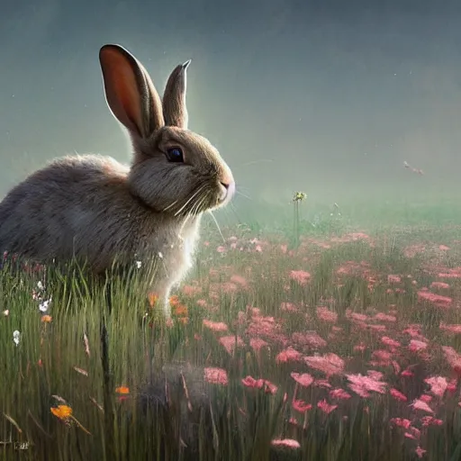 Image similar to a rabbit in a field of beautiful flowers, by stanley lau and greg rutkowski