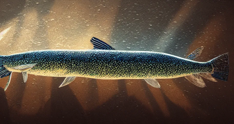 Prompt: a beautiful painting of a northern pike, octane render, intricate, ultra wide angle, trending on artstation, daylight, volumetric lighting, ray lighting from top of frame, crepuscular ray lighting from above, dynamic lighting, muted colors, polished, micro details, ray tracing, 8 k