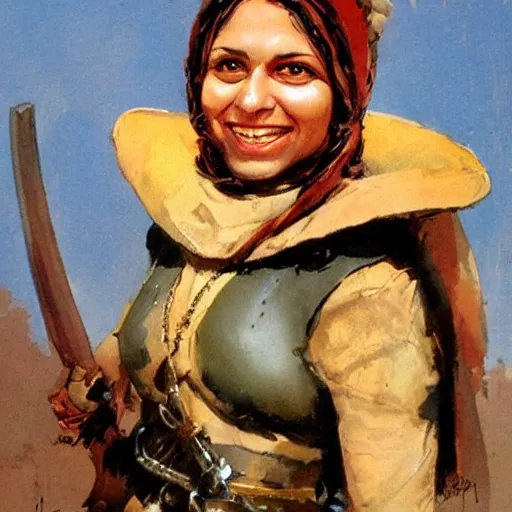 Image similar to a medieval hunter woman with indian ethnicity, cheeky smile, umber color scheme, fantasy character portrait by John Berkey