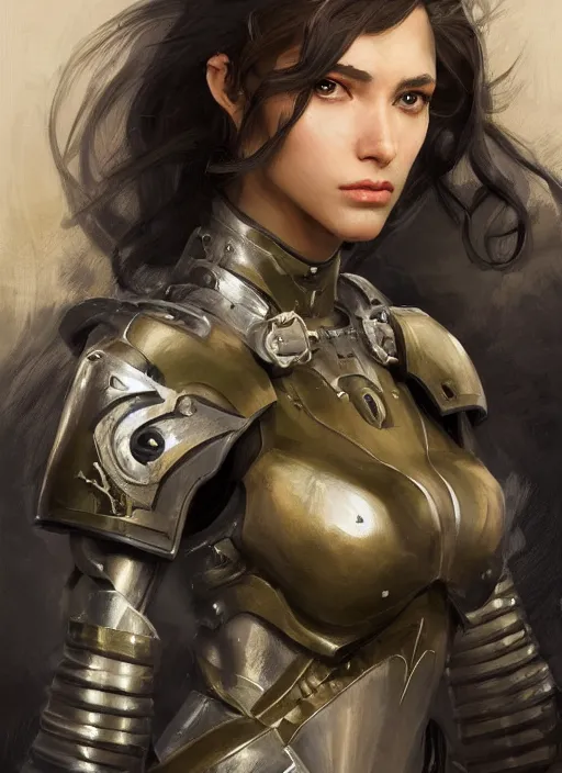 Image similar to a professional painting of a beautiful young female, clothed in military armor, olive skin, long dark hair, beautiful bone structure, symmetrical facial features, intricate, elegant, digital painting, concept art, smooth, sharp focus, illustration, from Metal Gear, by Ruan Jia and Mandy Jurgens and Artgerm and William-Adolphe Bouguerea