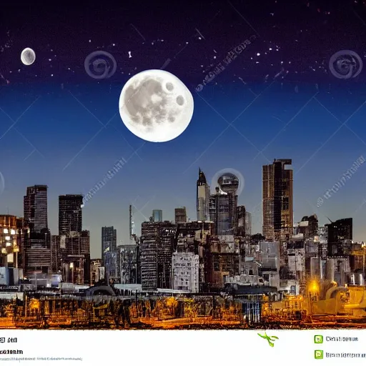 Image similar to nighttime falling over the skyline of a modern city. full moon. highly detailed, dynamic lighting, hyper realistic, as seen from a birds perspective