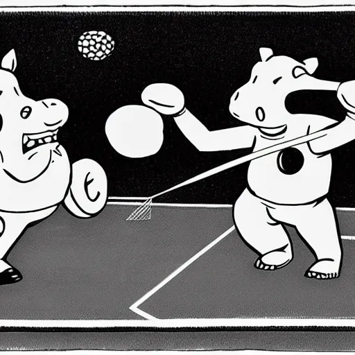 Prompt: men with hippo heads playing badminton, by Ken Sugimori, manga panel, black and white