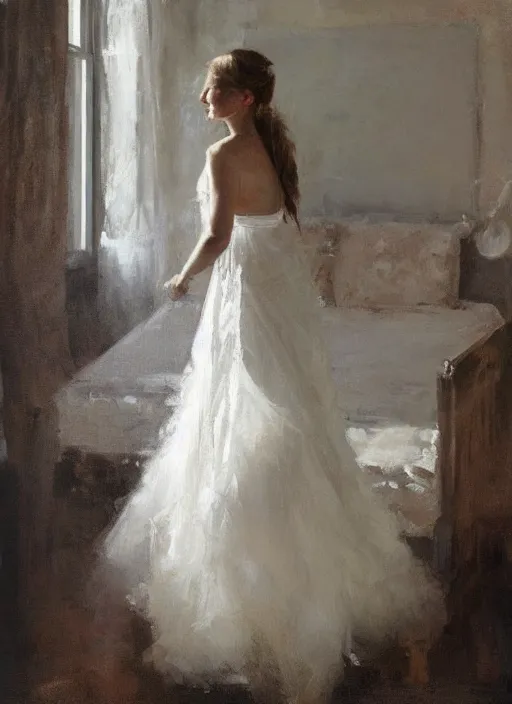 Prompt: portrait painting of a woman posing in an artistic over a bed, white victorian wedding dress by jeremy mann, only one head single portrait