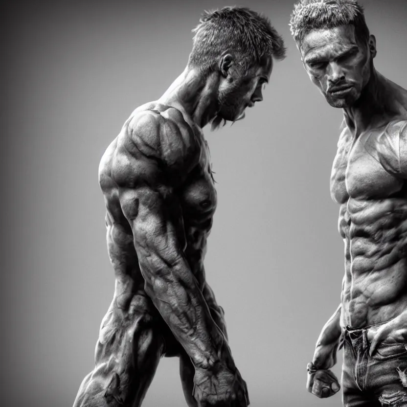 Image similar to a single muscular man wearing torn clothes, looking to the right, profile picture, hyperrealistic, concept art, octane render, unreal engine 5, trending on artstation, high quality, highly detailed, 8 k, dramatic lighting, cinematic, high coherence, anatomically correct, five fingers, digital art, seductive, black and white