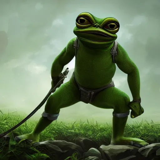 Prompt: pepe the frog in combat, matte, painting, trending on artstation, incredible post - processing lighting, centered composition, cinematic composition, rule of thirds, intricate details